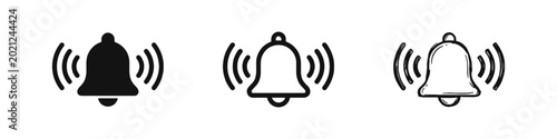 Foto Notification bell icon set with sound waves in three graphic styles for web and