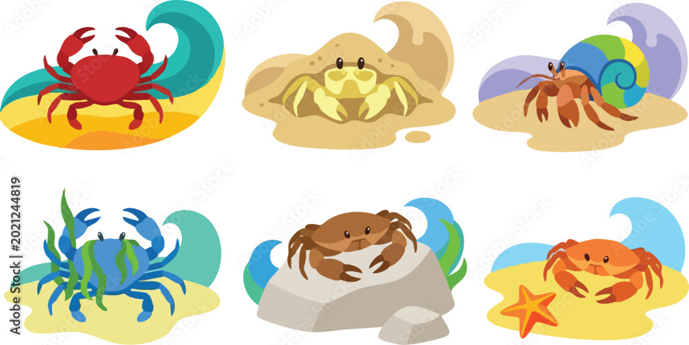 Fototapeta premium Colorful cartoon crab collection with beach waves and starfish vector art