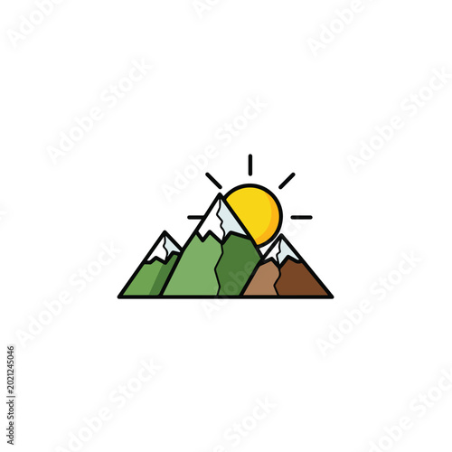 Simple Mountain Range and Sun Nature Logo Icon