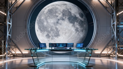 Futuristic control room with moon view