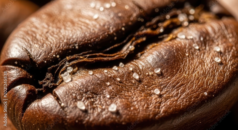Obraz premium Extreme Macro Shot of a Single Roasted Coffee Bean with Salt Crystals on Surface
