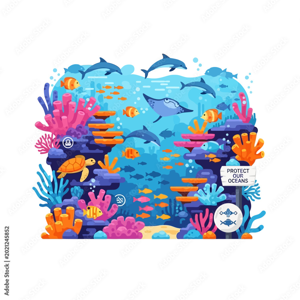 Fototapeta premium Vibrant Underwater Ecosystem Illustration: Marine Life, Coral Reef & Conservation