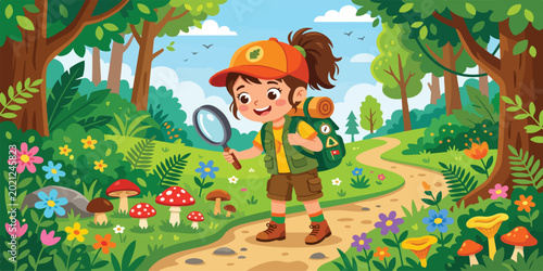Cute Little Girl Explorer Scouting in the Forest Illustration