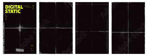 Grunge Halftone Paper Texture Set - Distressed Black VHS Backgrounds with Static Noise, Dot Pattern, Folds and Scratches for Poster, Album Cover and Zine Design