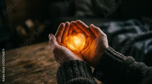 Close-Up of Human Hands Gently Holding a Small Glowing Heart in a Dark Room with Soft Warm Lighting for Love, Hope, and Compassion Concept