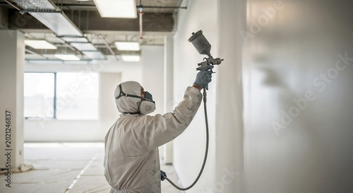 Worker operating paint sprayer, applying white coating to interior wall. Professional in protective gear uses paint sprayer, ensuring smooth finish for renovation.
