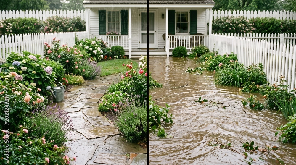 Fototapeta premium Garden Flooded After Heavy Rain Versus Beautiful Maintained Landscape.