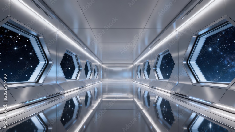 Fototapeta premium Futuristic spaceship corridor with star views