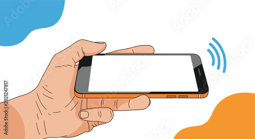 Person holding a smartphone horizontally with signal bars and abstract blue and orange shapes in the background illustration.