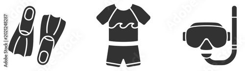 Bild auf Leinwand snorkeling equipment set including fins wetsuit and snorkel mask vector icons on