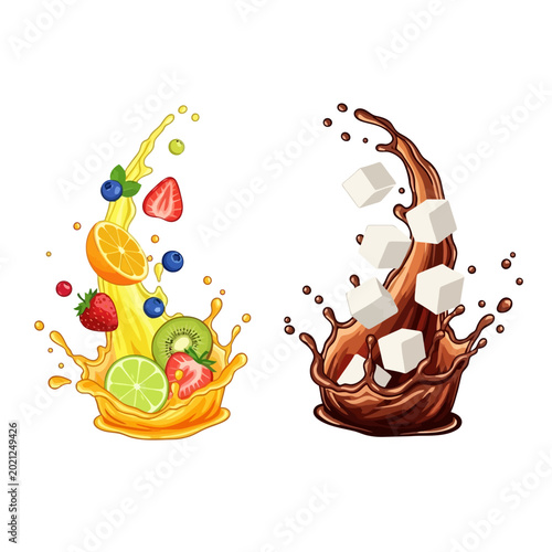 Vibrant fruit juice splash and chocolate liquid with sugar cubes on white