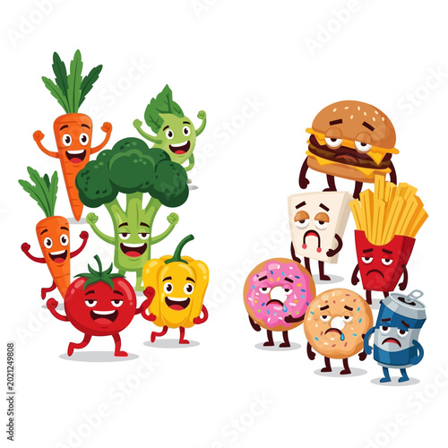 Healthy vs Unhealthy Food Cartoon Characters on White Background