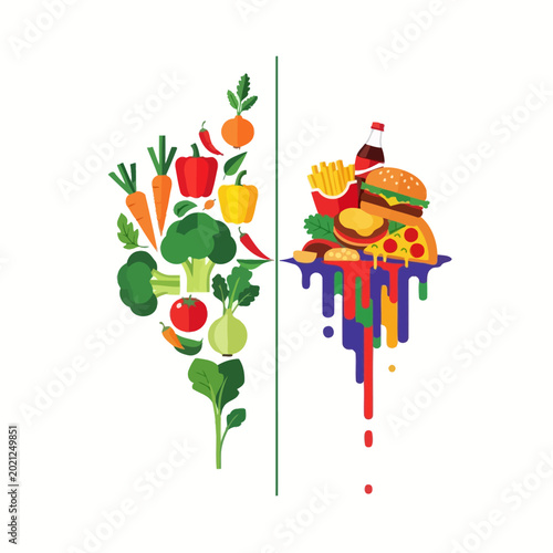 Healthy vs Unhealthy Food Choice: Balanced Nutrition Concept