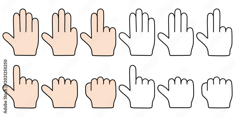 Fototapeta premium Hand-drawn cartoon and doodle set of numbers with fingers on a white background.