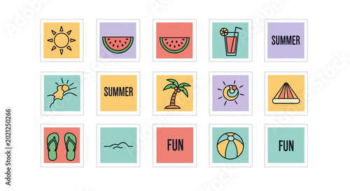 фотографія Summer Icons: A collection of vibrant icons, each representing the essence of summer with images of sunshine, watermelon, refreshing drinks, and more