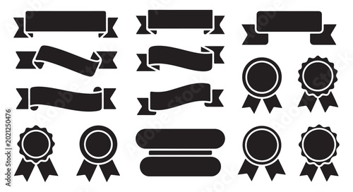 Collection of black ribbon banners and award seal badges for promotional labels and tags.