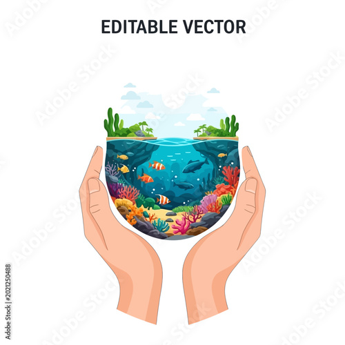 Hands cupping vibrant underwater scene vector illustration
