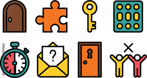 Foto Escape Room Icons Collection with Locked Door, Secret Code, Key Access and Puzzl