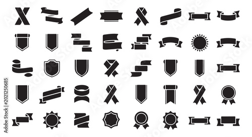 Various black vector icons of ribbons, badges, and awards for graphic design.