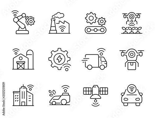 Industrial IoT icon set. Collection of smart factory, automated logistics, robotics, agriculture 4.0 and industrial automation line icon vector illustration with editable stroke.