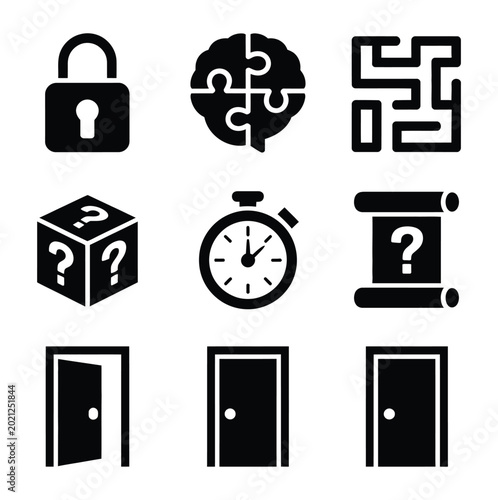 Fotografie Escape Room Icons Solid Filled Icon Set Including Brain Puzzle, Security Lock, L