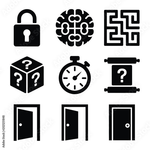 Foto Escape Room Icons Solid Filled Icon Set Featuring Puzzle Games, Lock Symbols, Br