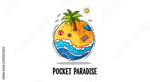 Картината върху платно Pocket Paradise: A captivating illustration of a miniature tropical island paradise, complete with a swaying palm tree, sunny skies, and inviting ocean waves, offering a visual escape