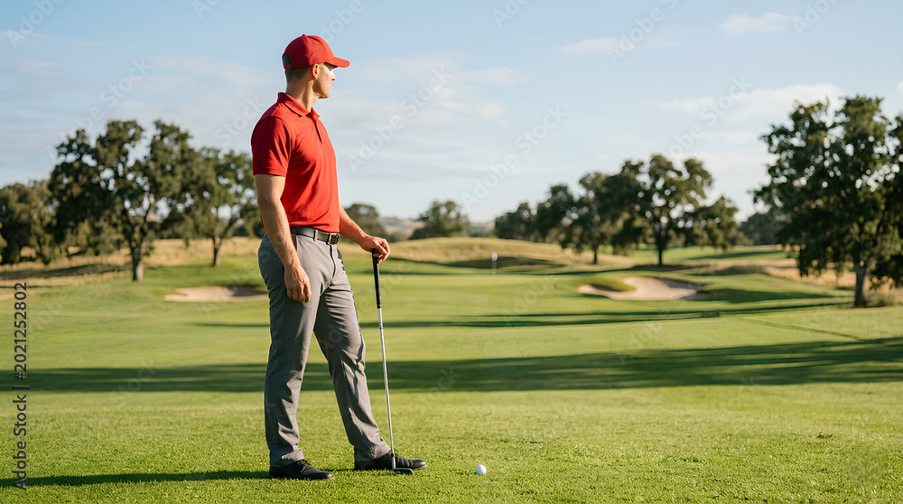 Obraz premium Male golfer in red polo standing with club on a sunny golf course, focusing on the next shot near the green.