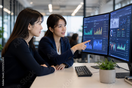 モダンオフィスでデータ分析を行う日本人女性ビジネスチーム
