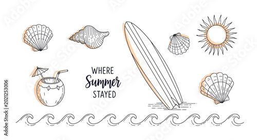 Tableau sur toile Summer Dreamscape: A collection of sun-kissed imagery, featuring a surfboard, seashells, tropical drink, and stylized sun, evokes a sense of endless summer and tropical paradise