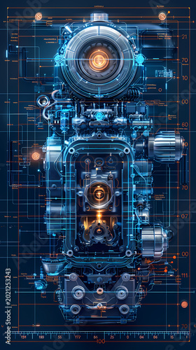 A precision mechanical engine blueprint diagram reveal precision components in blueprint art, precise blueprint mechanical photography art.