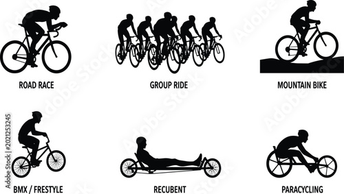 Fotografie Cycling silhouette icon set featuring road race group ride mountain bike bmx freestyle recumbent and paracycling athletes for sports graphic design