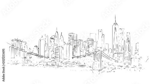New York City Skyline Sketch with Brooklyn Bridge