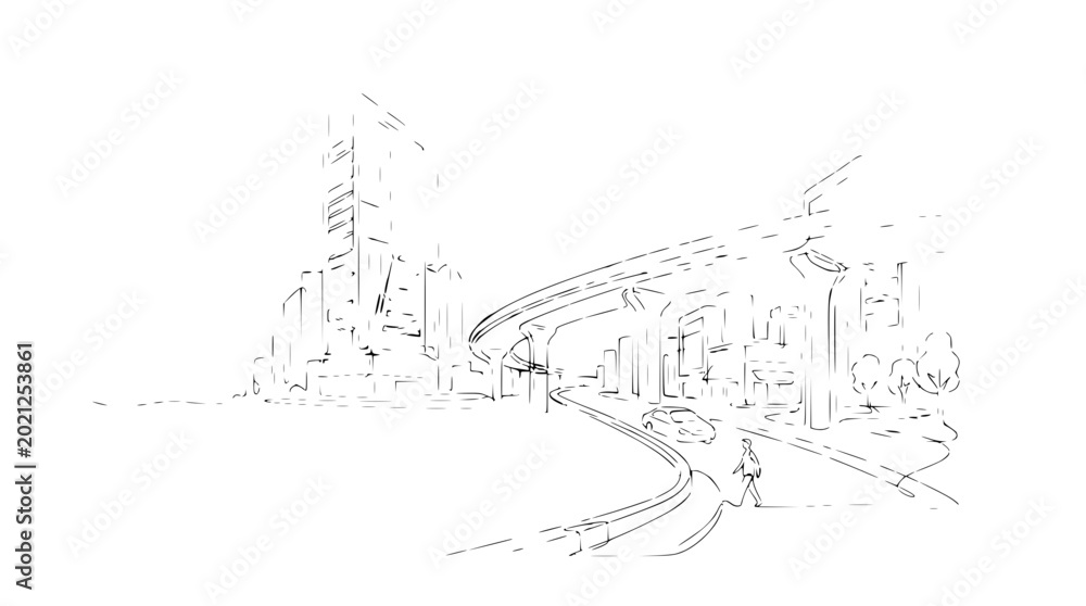 Fototapeta premium Urban sketch of modern city skyline with elevated highway and pedestrian walkway