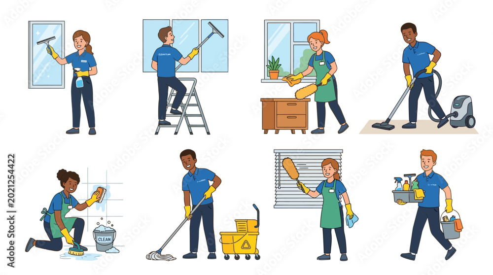 Fototapeta premium Professional cleaning team members perform various household tasks using tools in this colorful illustrated image set