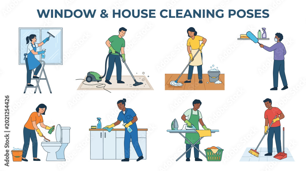 Fototapeta premium Diverse people performing various household chores and cleaning tasks in this detailed flat vector image