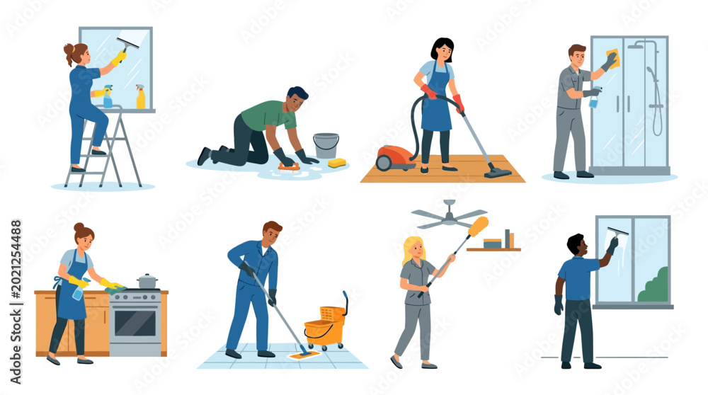 Fototapeta premium Diverse professional janitorial staff members performing various residential and commercial deep cleaning tasks with modern equipment