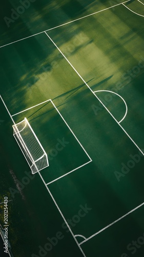 Soccer Field Aerial View: An overhead perspective of a meticulously maintained soccer field, showcasing the vibrant green grass and crisp white lines of the pitch.