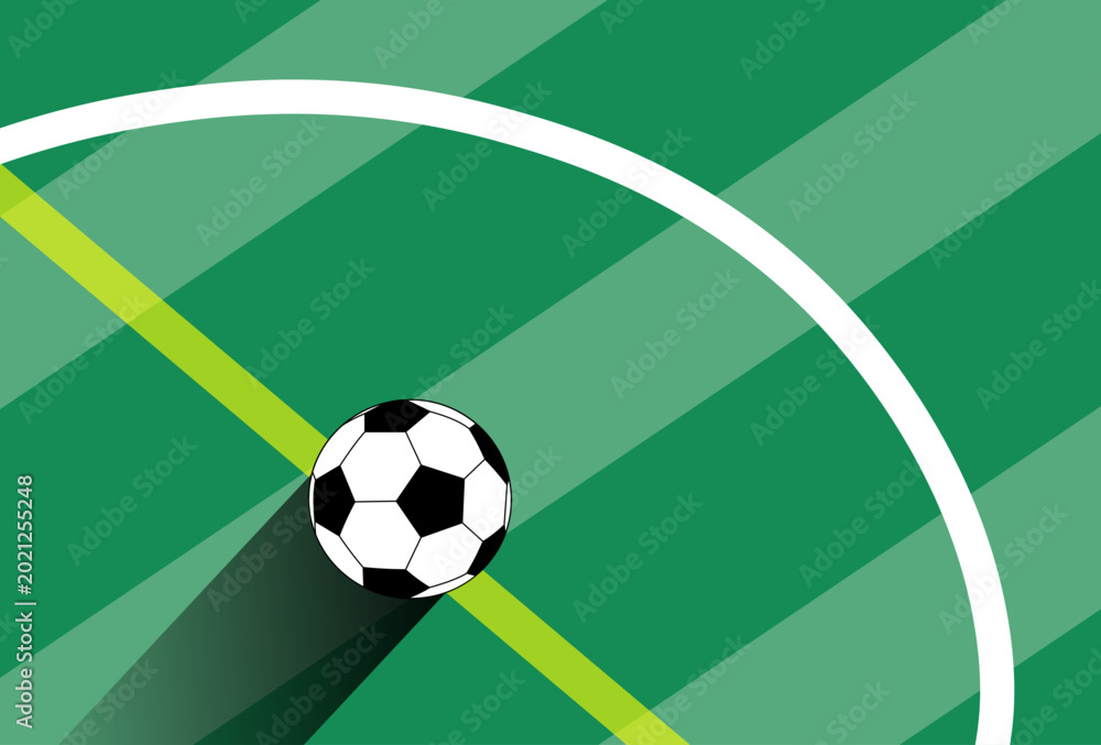 Obraz premium Soccer Ball on Green Football Field Background – Minimal Sports Illustration with Long Shadow