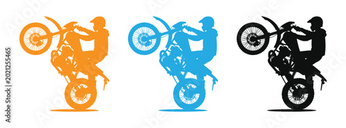Quadro su tela Green motorcycle icon set with three silhouettes of riders performing wheelies o