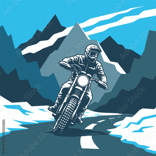 Photography Motorcycle rider on a winding road through snowy mountains in blue tones