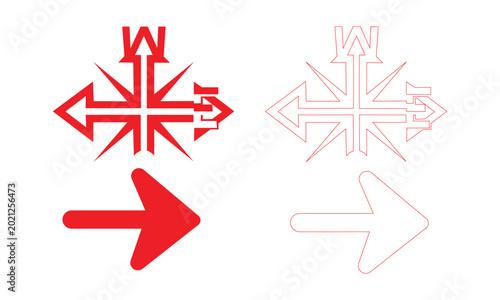 Red and outline complex arrow symbols and a simple arrow on white