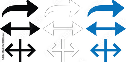 Nine arrow in black white and blue showing different directions and styles