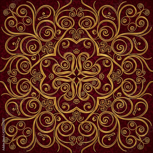 Golden filigree pattern on a dark red background ornate baroque style design