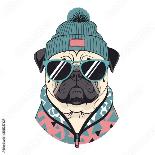 Trendy pug wearing hat and sunglasses, vector illustration