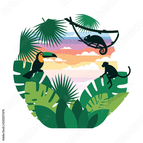 Tropical Wildlife Silhouette: Toucan, Chameleon, and Monkey in Paradise