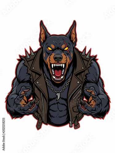 Angry muscular cartoon Doberman dog.