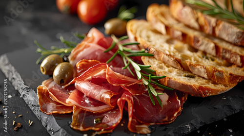 Jamon iberico with bread and olives shine as a luxury Spanish charcuterie plate, premium Spanish charcuterie food art.