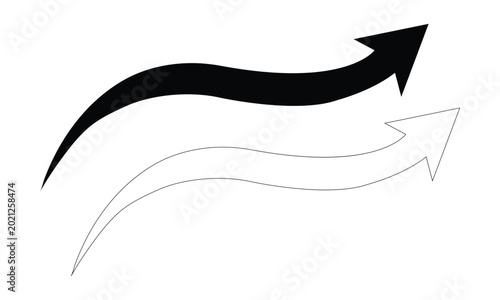 Two curved arrow shapes one solid black and one outline white on a white background