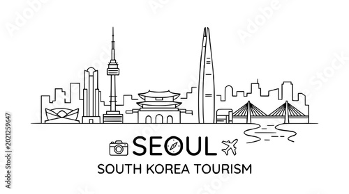 Seoul Cityscape Skyline, South Korea Tourism Landmark Icons, Outline Illustration